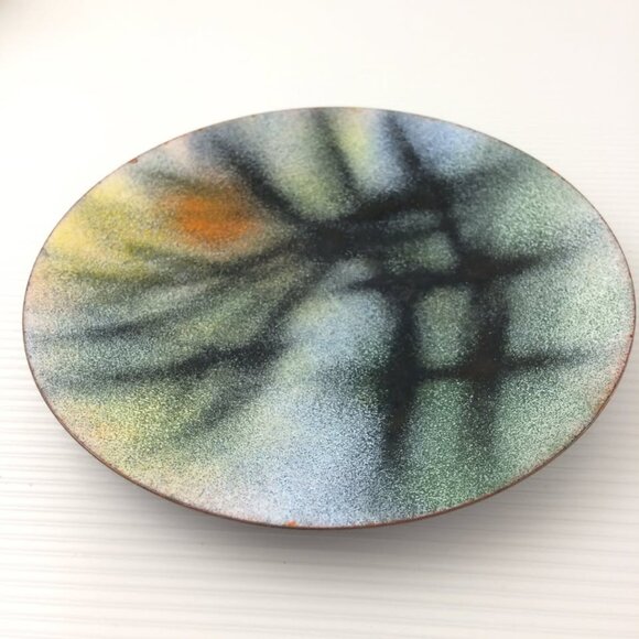 Vintage 1970 Enamel on Copper Handmade Signed Plate Dish Wall Art Landscape - Picture 4 of 10
